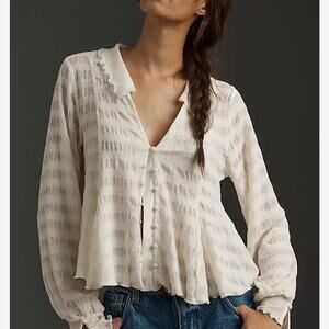 By Anthropologie Long-Sleeve Button-Front Textured Sheer White Blouse XS